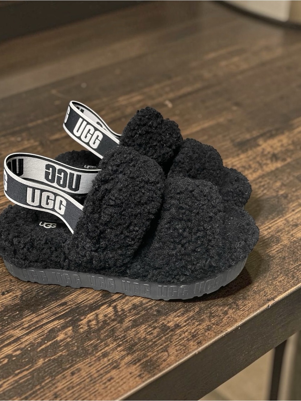 UGG Black Sherpa Slide Sandals with Branded Heel Strap